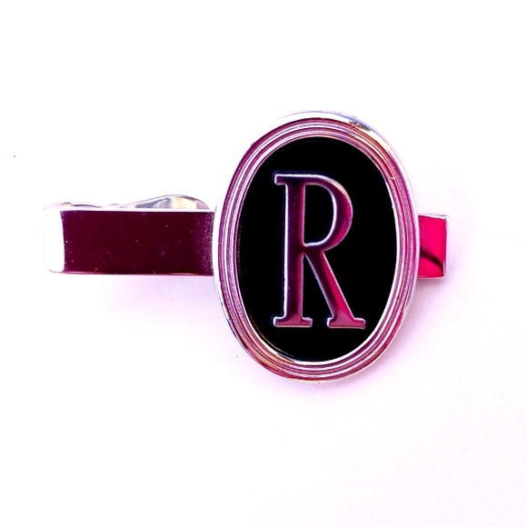 SWANK R TIE CLIP VINTAGE monogram "R" round silvertone 50s 60s silvertone black - Picture 3 of 7